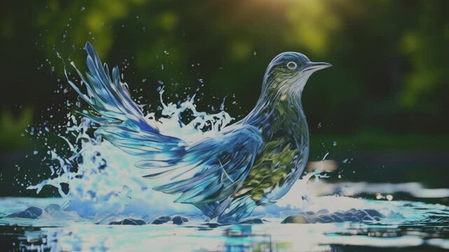 Digitally created bird made entirely of water, splashing out of a body of water. Detailed form with water droplets and splashes forming feathers and wings, set against a blurred green background with 