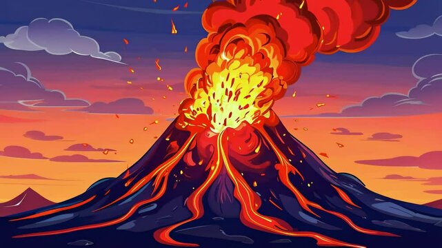 Cartoon A volcano spewing bright red lava