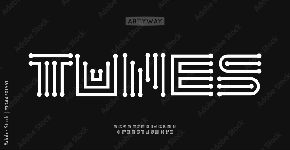 Poster Tech geometric font, digital circuit pattern letters, maze labyrinth font for futuristic typography, minimal tech branding design, vector typeset.