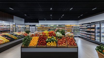 Large supermarket with fresh fruits and vegetables on display in the foreground and shelves full of groceries in the background