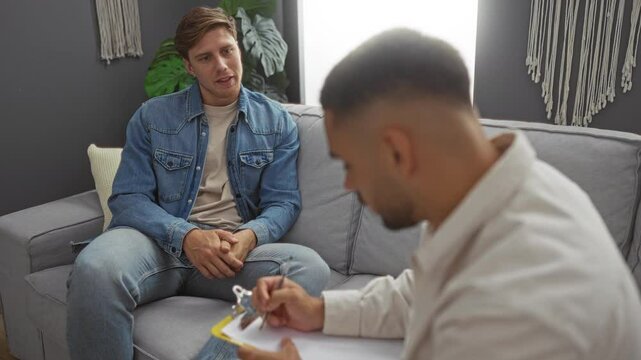 Two men in a therapy session sit in a cozy living room, one listens attentively while the other speaks, capturing a moment of connection and understanding.
