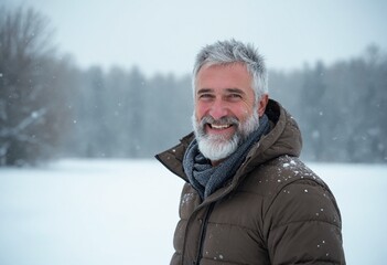 Fototapeta premium A charming cheerful happy man on snowy winter landscape background