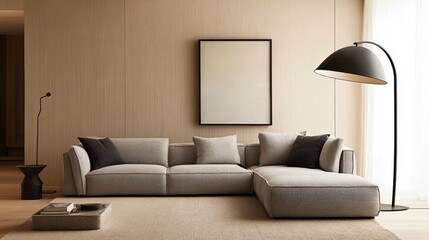 Modern Living Room Interior Design with Grey Sofa  Black Lamps  and Wooden Wall