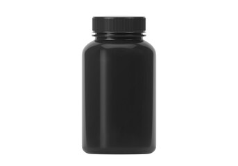 Black supplement bottle. Medicine pill container, plastic jar blank mockup. Vitamine drug capsule bottle, pharmaceutical product package, transparent background