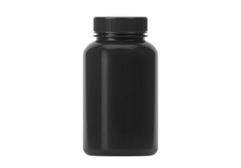 Black supplement bottle. Medicine pill container, plastic jar blank mockup. Vitamine drug capsule bottle, pharmaceutical product package, transparent background