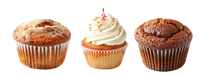 Walnut chocolate muffin and cupcake topped with rich creamy frosting isolated on white transparent background