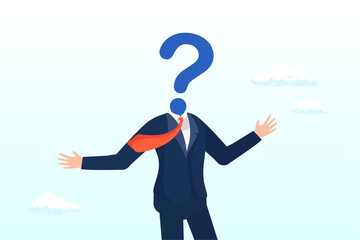 Anonymous businessman person, candidate or mention employee, who is this man, uncertainty, important person or unknown concept, anonymous businessman with question mark head unknown person