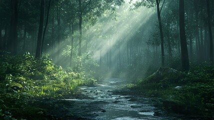 Obraz premium Sunbeams Through the Mist in a Lush Forest