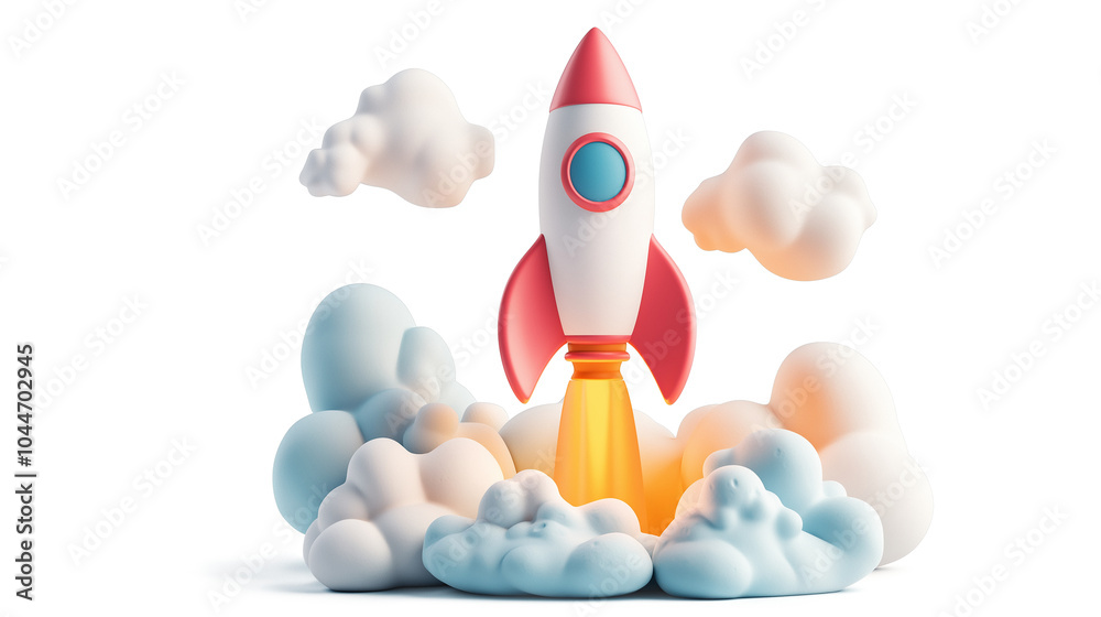 Fototapete Shuttle launch a 3D rocket in space and clouds Business startup and business growth concept  isolated on a white background