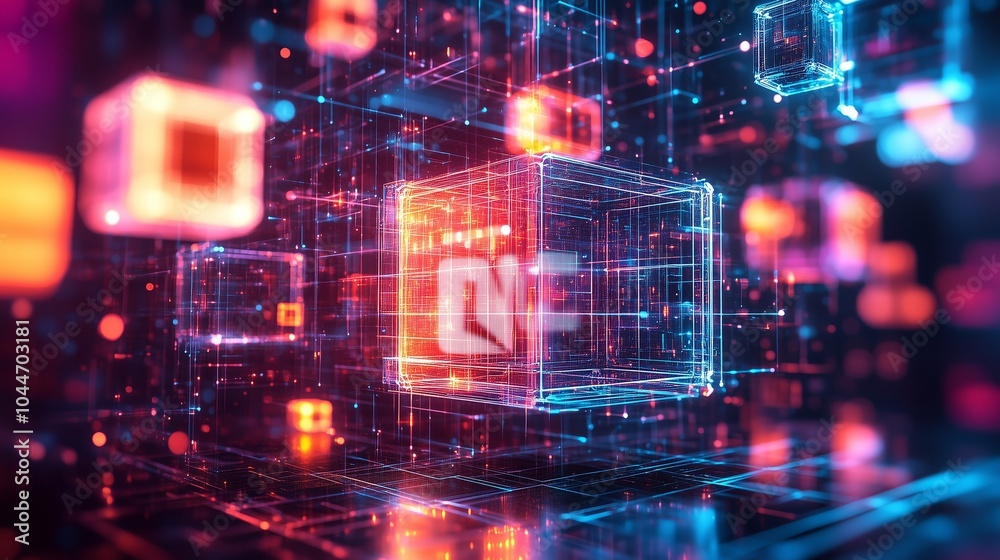 Poster abstract background with glowing neon cubes and glass blocks forming an intricate pattern, symbolizi