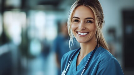 Fototapeta premium Smiling female nurse in scrubs, showcasing a caring attitude in a healthcare setting.