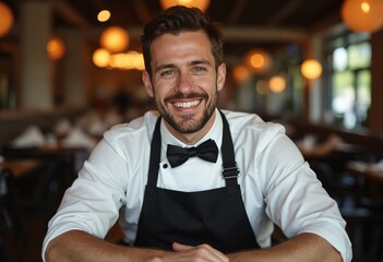 Fototapeta premium Smiling man wearing a black bow tie and apron, likely a chef or waiter, is seated at a table in a restaurant setting