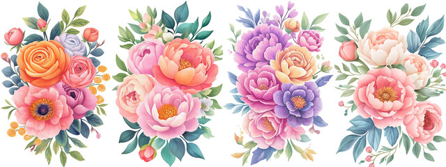 Vibrant watercolour floral bouquets with peonies and roses on transparent background. Colorful floral arrangements featuring peonies and roses, perfect for design projects. hand-drawn design element.