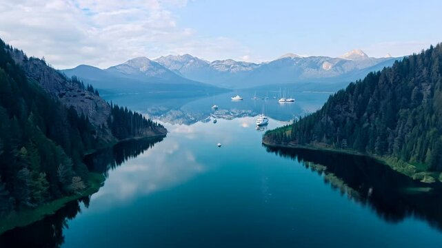 Aerial 360-degree video of a lake with boats, surrounded by mountains, using natural light and camera movement effects