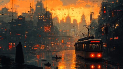 Futuristic Cityscape with Streetcar and Canal at Twilight