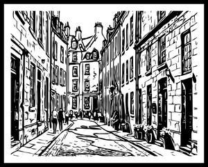 City Architecture. Black and white illustration. Printable pattern for wall decorations.
