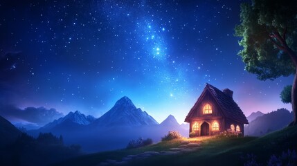 Enchanted cottage under a starry night sky