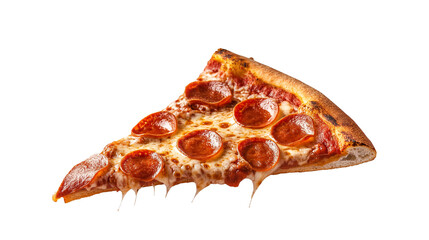 Template with a delicious tasty slice of pepperoni pizza flying on a white background