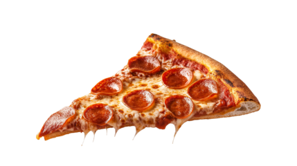 Template with a delicious tasty slice of pepperoni pizza flying on a white background