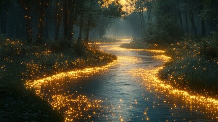 Obraz premium Enchanted river glowing with fireflies at twilight