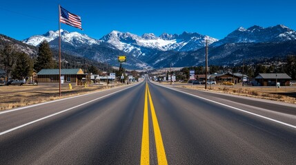 A picturesque small-town road, lined with campaign signs, with residents heading to vote, celebrating the beauty of democracy in everyday life