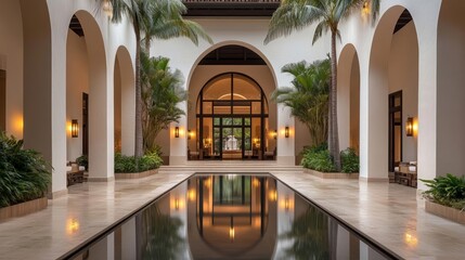 Exotic luxury resort with intricate arches, lush palm gardens, reflecting pool, and warm ambient lighting, creating a serene getaway atmosphere