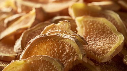 A closeup of dried ginger slices