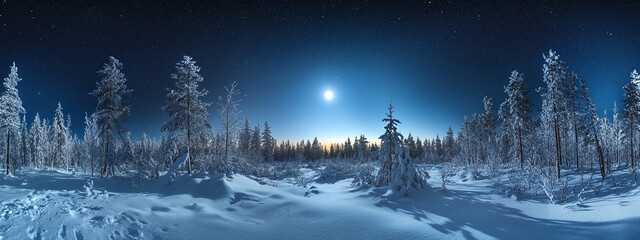 Fototapeta premium Panoramic view of a beautiful magical winter forest against the backdrop of a starry sky with a full moon