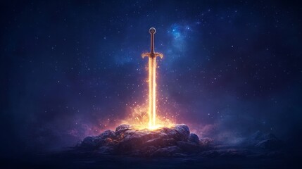 Glowing sword emerging from mystical flames in a starry night