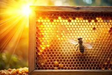 Silhouette of honeycomb cells background with bees frames and honey shining in the sun