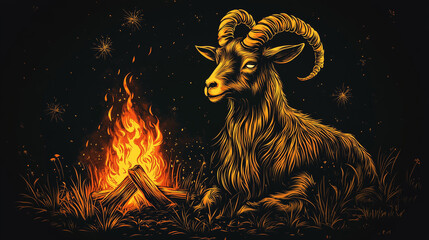 A goat with impressive horns rests next to a crackling campfire, enjoying the warmth while the stars twinkle above in a peaceful nighttime setting.