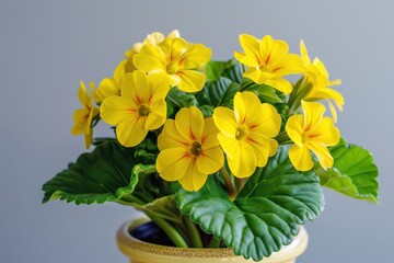 Bright yellow flowers in a decorative pot against a gray background