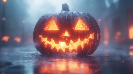 Naklejka premium Glowing Jack-O'-Lantern with Triangular Eyes at Night