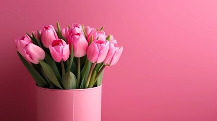 pink tulips in vase on pink background 