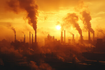 Obraz premium Pollution from Industrial Chimneys During Sunrise Over Urban Cityscape and Skyline