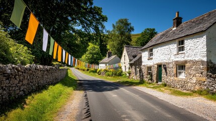 A quiet village road lined with colorful banners encouraging votes, winding through charming cottages and peaceful landscapes, symbolizing civic pride
