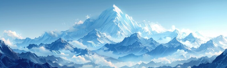 Mountains with a blue sky and clouds are shown in this image, banner, copy space