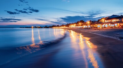 A scenic election day drive by the ocean, vibrant banners hang proudly from streetlights, the peaceful coastal view contrasting the lively civic atmosphere
