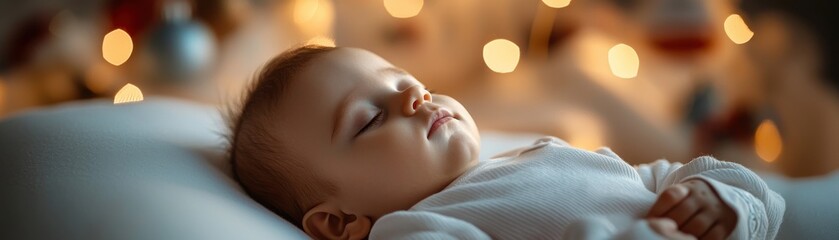 Naklejka premium Sleeping baby on white bedding, soft light creating a serene atmosphere.