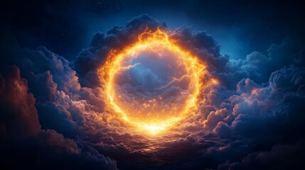 Obraz premium Dramatic fiery ring emerging from stormy clouds at twilight