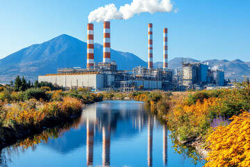 Obraz premium Aerial View of Large Industrial Facility Emitting Smoke Near Wetlands