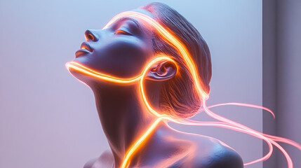 A modern sculpture of a woman accentuated by neon lines, emphasizing her features amid a minimalist background.