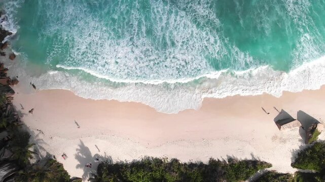 Grande Anse Beach, Island La Digue, Republic of Seychelles, Africa.   
Aerial view of Grande Anse Beach, Island La Digue, Seychelles.