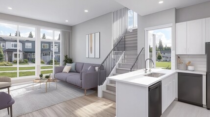 Fototapeta premium Bright modern and minimalist open concept home interior with cozy living room and kitchen