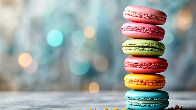 A stack of colorful macarons sits on a table with a blurred background
