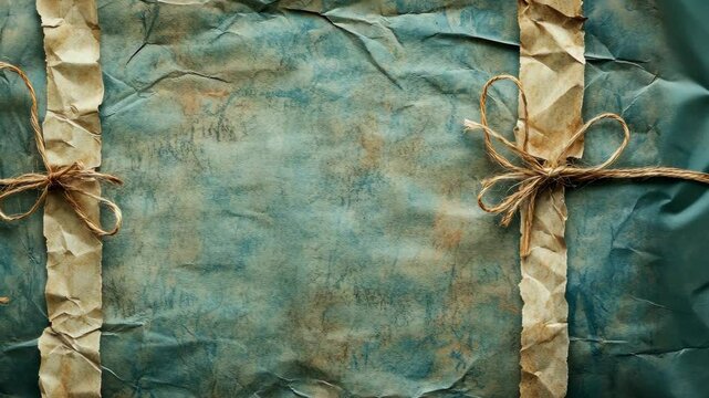 A blue and brown package is tied with twine and decorated with rustic brown paper