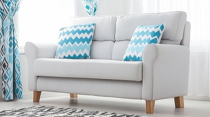 Cozy and Stylish Living Room with Blue Patterned Sofa and Curtains