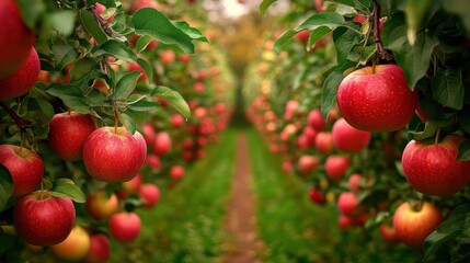 Obraz premium Lush Apple Orchard with Ripe Trees and Pathway
