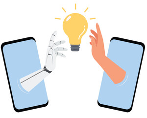 Two human and AI with light bulb idea concept. Business industry robot factory concept. Technology on smartphone.