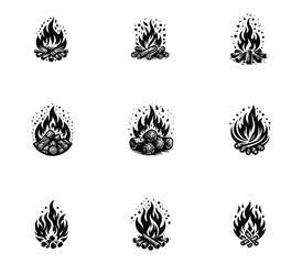 Vector fire ember logo set collection. Blazing fire symbol logo. Bonfire logo template. Icon set
